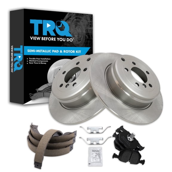 TRQ Rear Brake Pad & Rotor Kit Brake Pads Brake Rotor Parking Brake Shoe Set Semi-Metallic Fits Select 2003-2005 Land Rover Range Rover