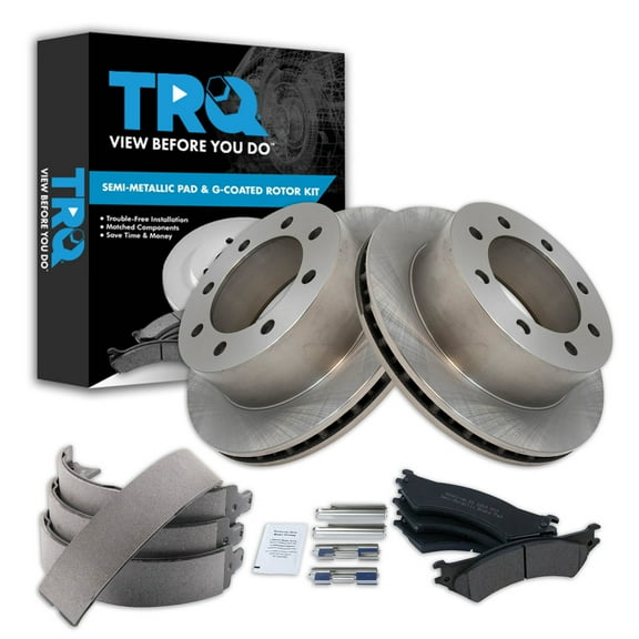 TRQ Rear Brake Pad & Rotor Kit Brake Pads Brake Rotor Parking Brake Shoe Set Semi-Metallic Fits Select 2005-2007 Ford E-250