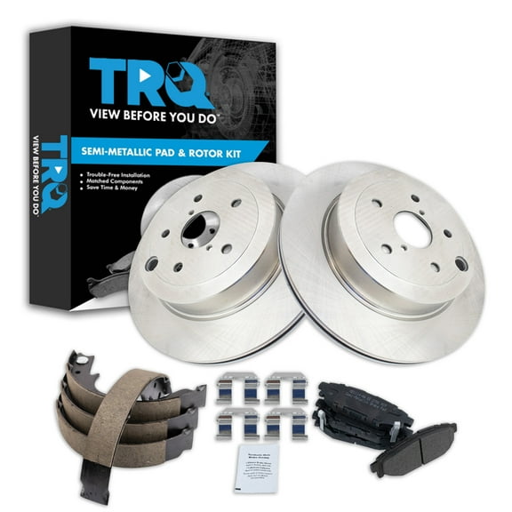 TRQ Rear Brake Pad & Rotor Kit Brake Pads Brake Rotor Parking Brake Shoe Set Semi-Metallic Fits Select 2008-2013 Subaru Impreza