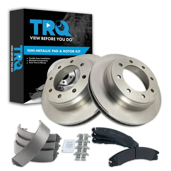 TRQ Rear Brake Pad & Rotor Kit Brake Pads Brake Rotor Parking Brake Shoe Set Semi-Metallic Fits Select 2008-2014 Ford E-150 E-250 2008-2021 E-350 Super Duty