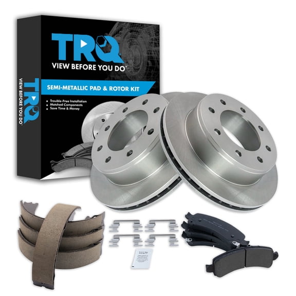 TRQ Rear Brake Pad & Rotor Kit Brake Pads Brake Rotor Parking Brake Shoe Set Semi-Metallic Fits Select 2009-2020 Chevrolet Express 2500 2008-2020 Express 3500 GMC Savana 2500 Savana 3500