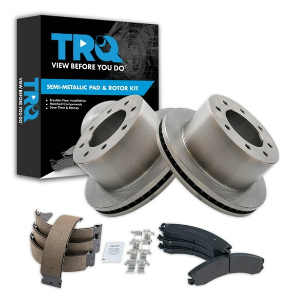 TRQ Rear Brake Pad & Rotor Kit Brake Pads Brake Rotor Parking Brake Shoe Set Semi-Metallic Fits Select 2013-2017 Chevrolet Silverado 3500 HD GMC Sierra 3500 HD