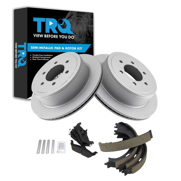 TRQ Rear Brake Pad & Rotor Kit Brake Pads Brake Rotor Parking Brake Shoe Set Semi-Metallic Premium G-Coated Fits Select 2004-2008 Ford F-150 2006-2008 Lincoln Mark LT