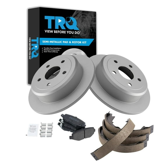 TRQ Rear Brake Pad & Rotor Kit Brake Pads Brake Rotor Parking Brake Shoe Set Semi-Metallic Premium G-Coated Fits Select 2007-2017 Jeep Wrangler 2018 Wrangler JK