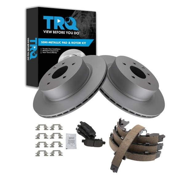 TRQ Rear Brake Pad & Rotor Kit Brake Pads Brake Rotor Parking Brake Shoe Set Semi-Metallic Premium G-Coated Fits Select 2009-2019 Nissan Maxima