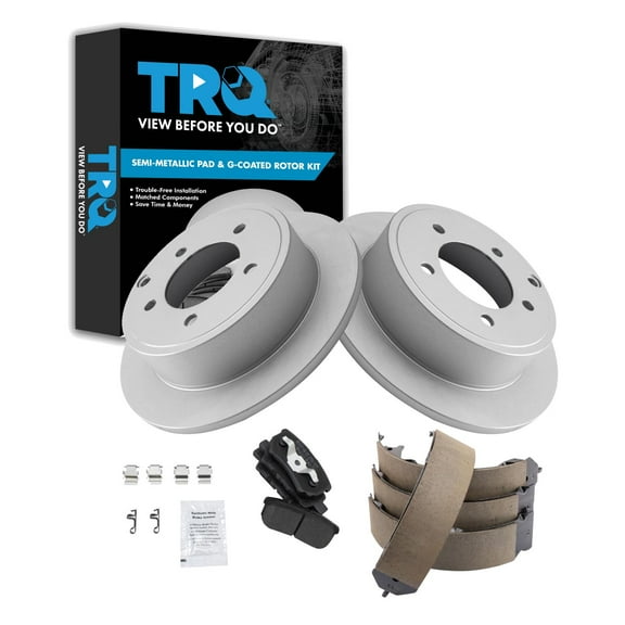 TRQ Rear Brake Pad & Rotor Kit Brake Pads Brake Rotor Parking Brake Shoe Set Semi-Metallic Premium G-Coated Fits Select 2014 Dodge Avenger