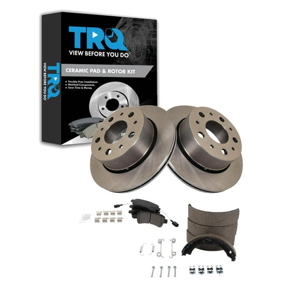 TRQ Rear Brake Pad & Rotor Kit Brake Pads Brake Rotor Parking Brake Shoe Set Ceramic Fits Select 2014-2021 Ram ProMaster 1500 ProMaster 2500 ProMaster 3500