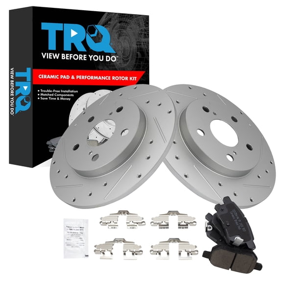 TRQ Rear Brake Pad and Rotor Set Ceramic Coated Drilled Slotted Fits 2009-2010 Pontiac Vibe 2008-2015 Scion xB 2016 iM 2009-2013 Toyota Matrix 2017-2018 Corolla iM