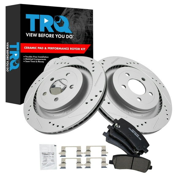 TRQ Rear Brake Pad and Rotor Set Ceramic Drilled Slotted G Coated Rotors Fits 2015-2018 Ford Mustang