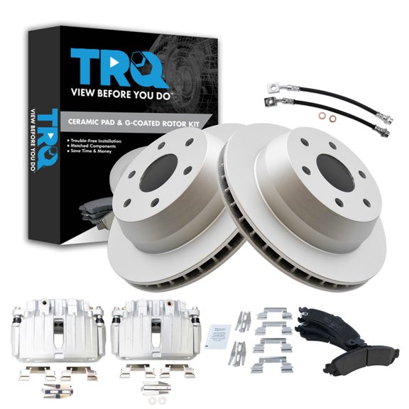 TRQ Rear Brake Pad and Rotor Set Ceramic G Coated Rotors Calipers Fits 2005-2006 Cadillac Escalade 2002 GMC Yukon