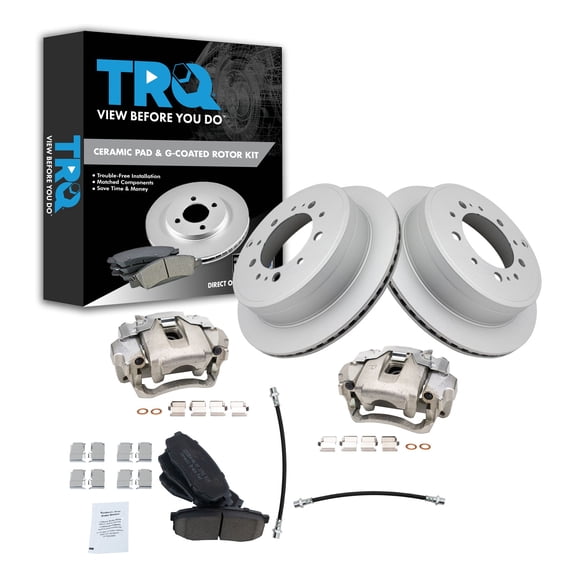 TRQ Rear Brake Pad and Rotor Set Ceramic G Coated Rotors Calipers Hoses Fits 2013-2015 Lexus LX570 Land Cruiser