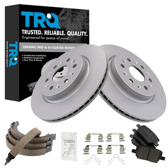 TRQ Rear Brake Pad and Rotor Set Ceramic G Coated Rotors Parking Brake Shoe Fits 2017 GMC Acadia
