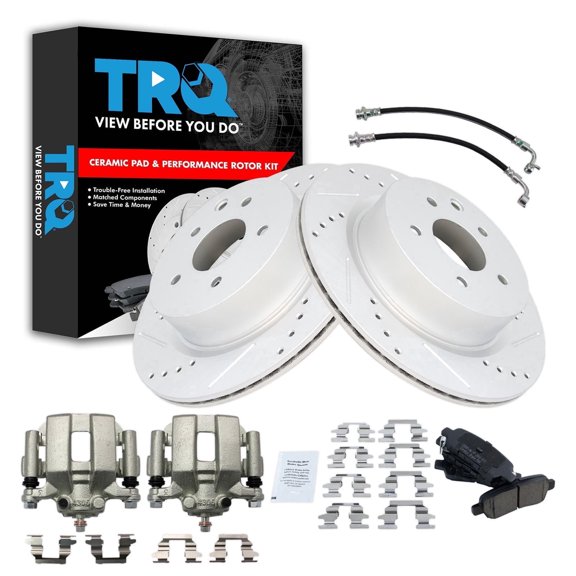TRQ Rear Brake Pad and Rotor Set Ceramic Slotted Drilled G Coated Calipers Fits 2005 Infiniti G35 Nissan 350Z