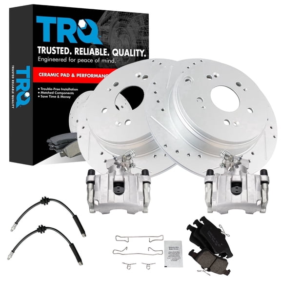 TRQ Rear Brake Pad and Rotor Set Ceramic Slotted Drilled G Coated Calipers Hoses Fits 2009-2013 Mazda 3 S 2009-2013 Mazda 3 MazdaSpeed