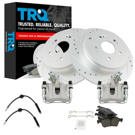 TRQ Rear Brake Pad and Rotor Set Ceramic Slotted Drilled G Coated Rotors Calipers Hoses Fits 2004-2005 Mazda 3 S 2005 3 SP23