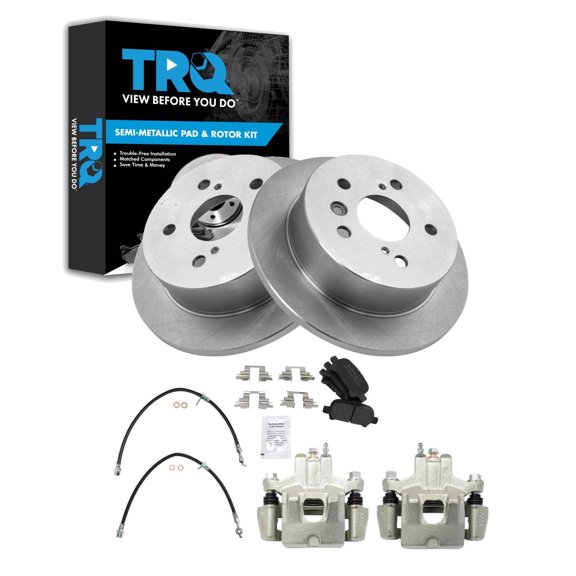TRQ Rear Brake Pad and Rotor Set Semi Metallic Calipers Hardware Fits 2005-2007 Toyota Avalon 2002-2006 Camry 2004-2008 Solara