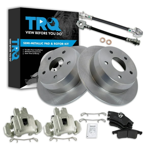TRQ Rear Brake Pad and Rotor Set Semi Metallic Rotors Calipers Hoses Fits 1999-2004 Jeep Grand Cherokee