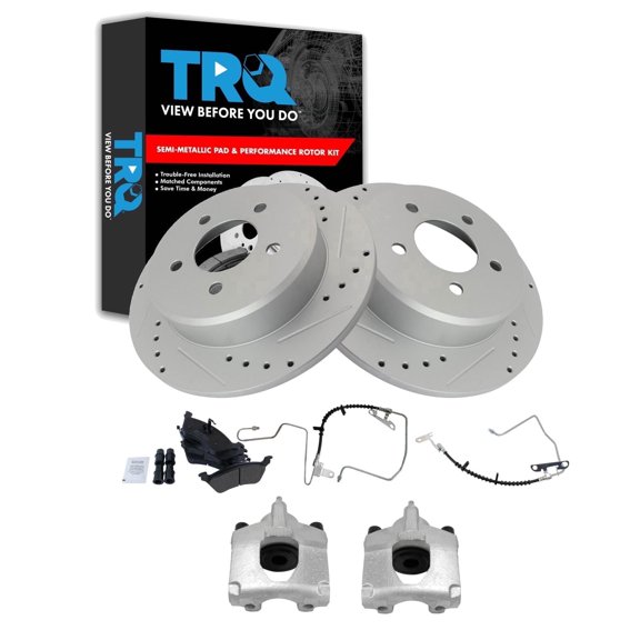 TRQ Rear Brake Pad and Rotor Set Semi Metallic Slotted Drilled G Coated Rotors Calipers Fits 2001-2002 Dodge Caravan