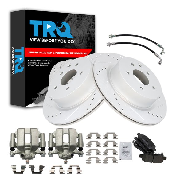TRQ Rear Brake Pad and Rotor Set Semi Metallic Slotted Drilled G Coated Rotors Calipers Fits 2005 Infiniti G35 Nissan 350Z