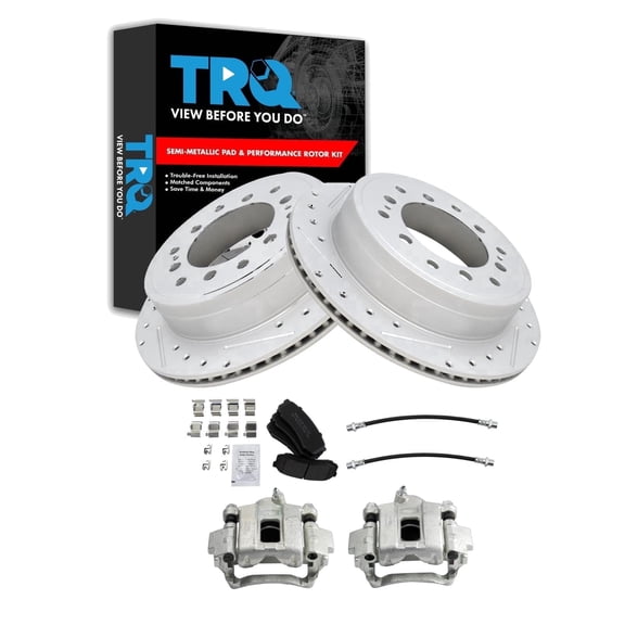 TRQ Rear Brake Pad and Rotor Set Semi Metallic Slotted Drilled G Coated Rotors Calipers Fits 2014-2020 Lexus GX460 2014-2018 Toyota 4Runner