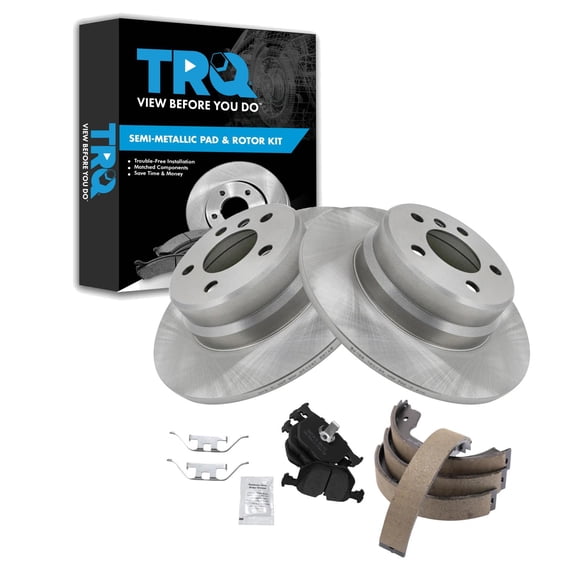 TRQ Rear Brake Pad and Rotor Set Semi Metallic Solid Rotors Parking Shoe Fits 2000-2006 BMW X5