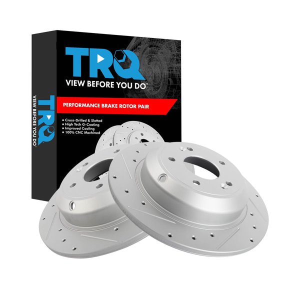TRQ Rear Brake Rotor Set G Coated Drilled and Slotted Fits 2019-2023 Genesis G70 2018-2021 Kia Stinger