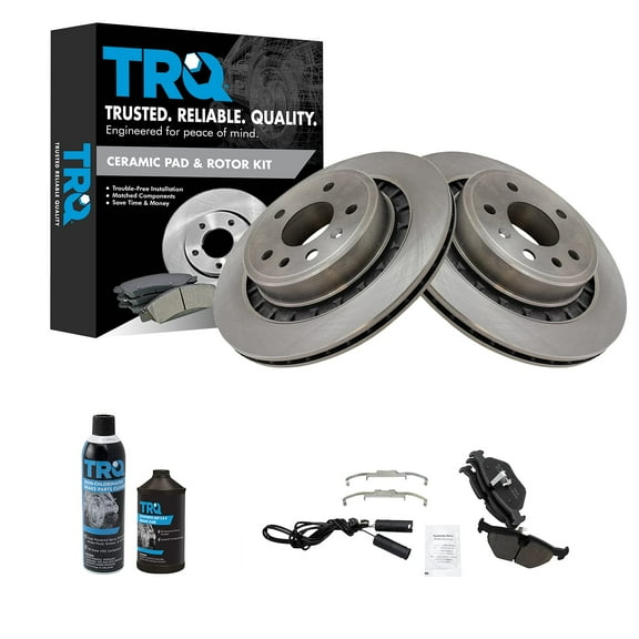 TRQ Rear Ceramic Brake Pad & 2 Vented Rotor Pair Kit w/Fluids for 02-09 Saab 9-5 BKA16482
