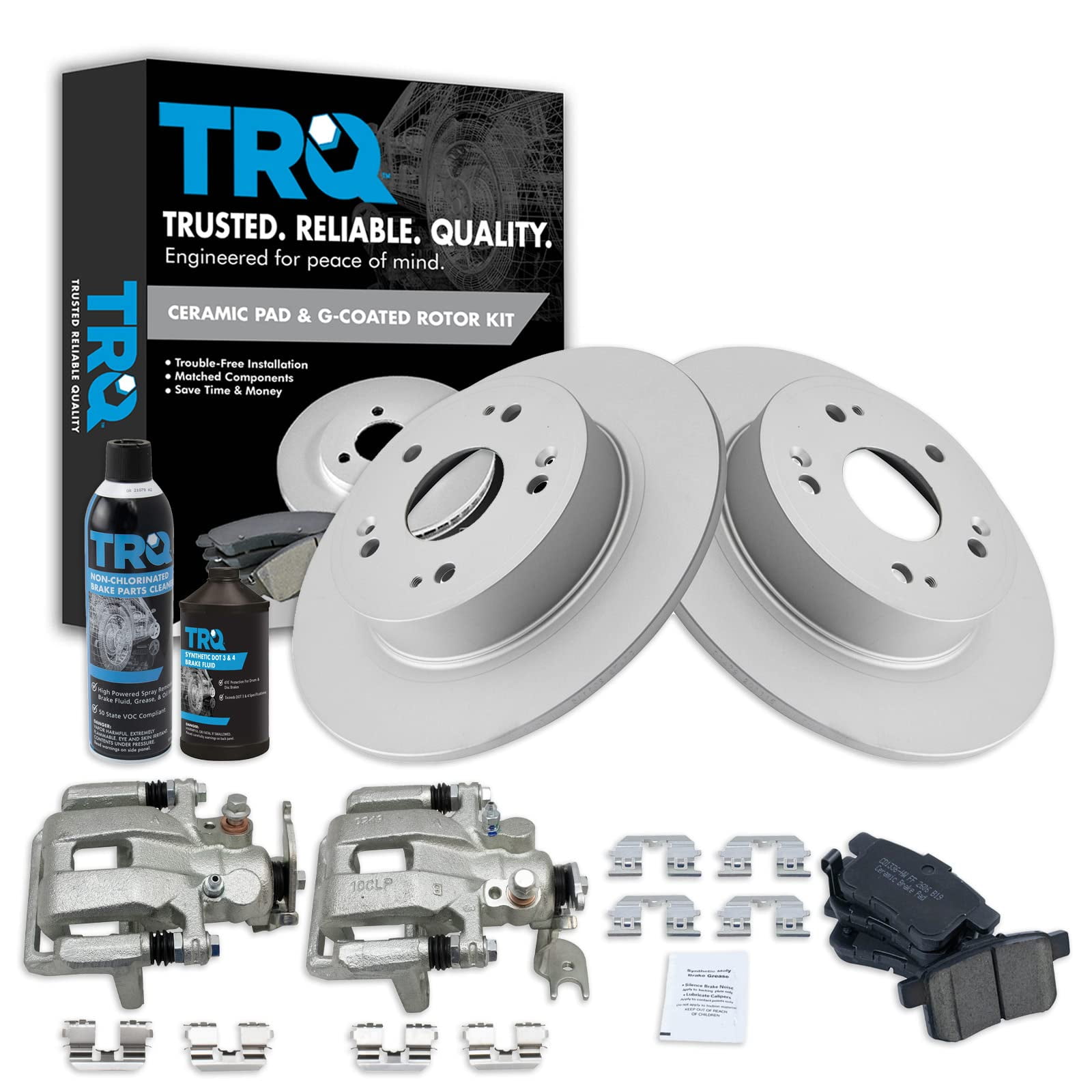 TRQ Rear Ceramic Brake Pad Coated Rotor & Caliper Kit w/Fluids for