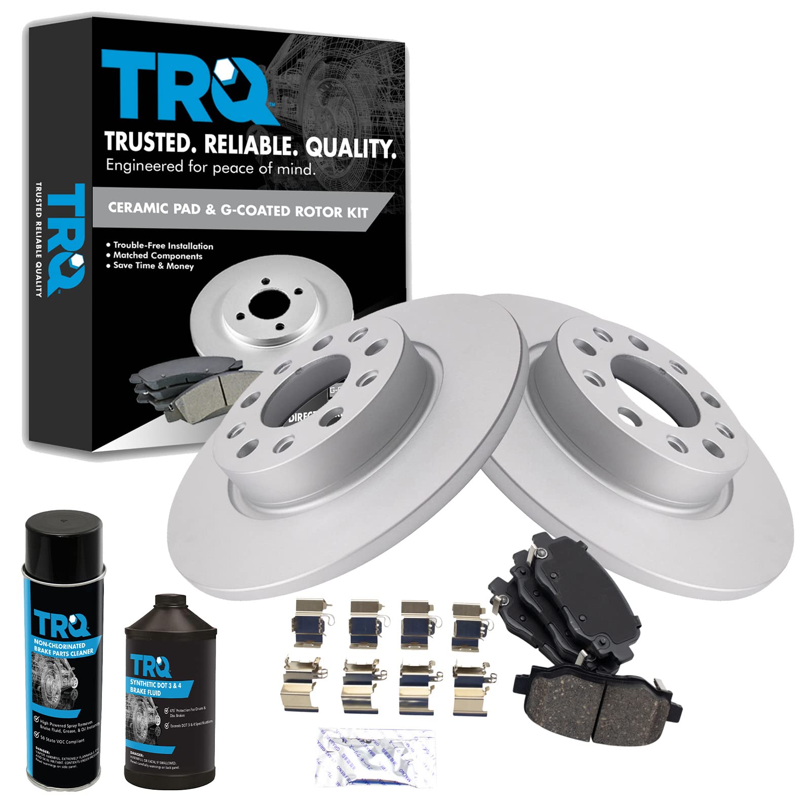 TRQ Rear Ceramic Brake Pad & Coated Rotor Kit w/Fluids for Jeep