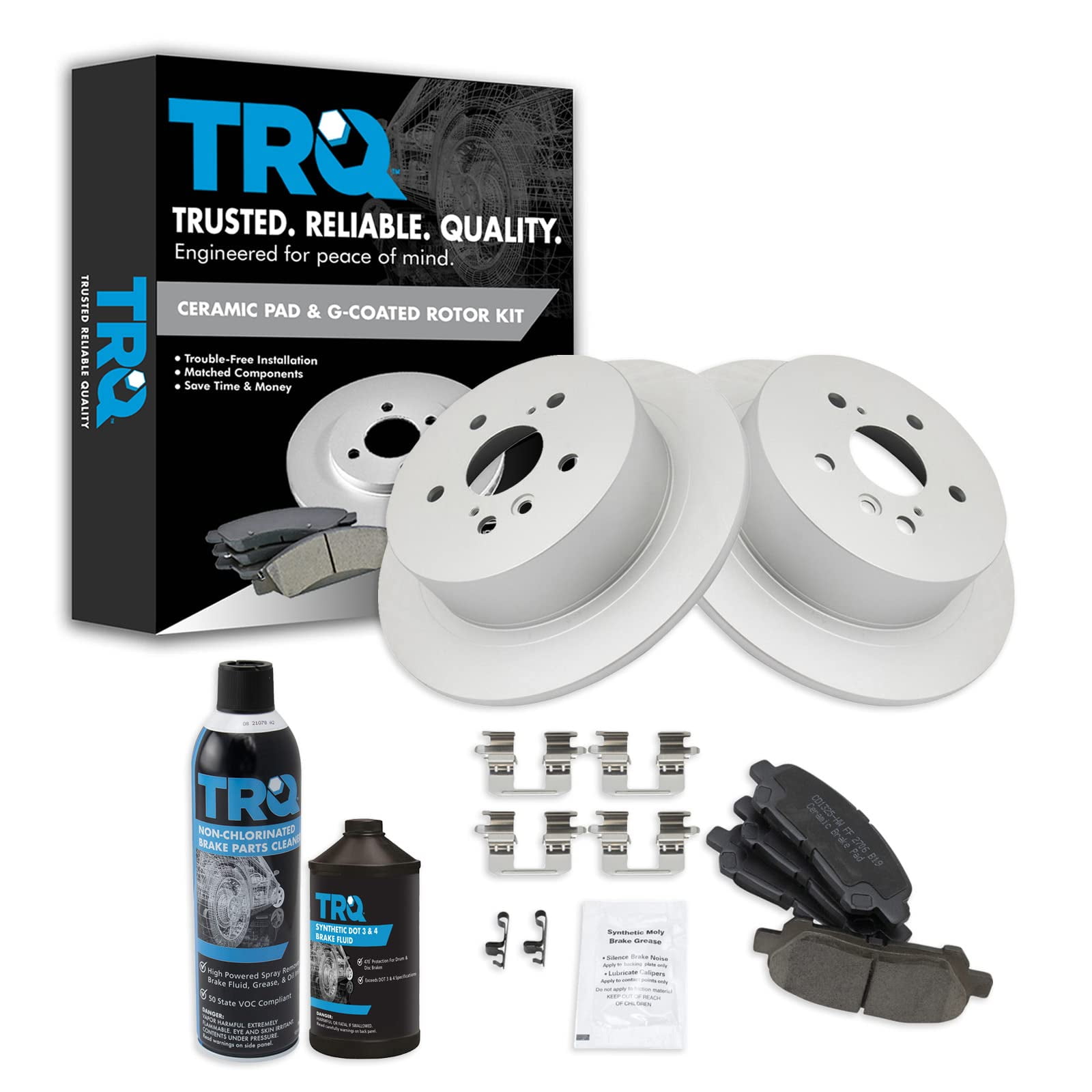 TRQ Rear Ceramic Brake Pad & Coated Rotor Kit w/Fluids for Toyota ...