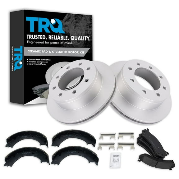 TRQ Rear Ceramic Brake Pad & Coated Rotor with Parking Shoe Fits Select GM Pickup SUV