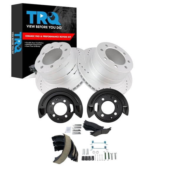 TRQ Rear Ceramic Brake Pad, Performance Rotor, Parking Shoe, Dust Shield Kit Fits Ram