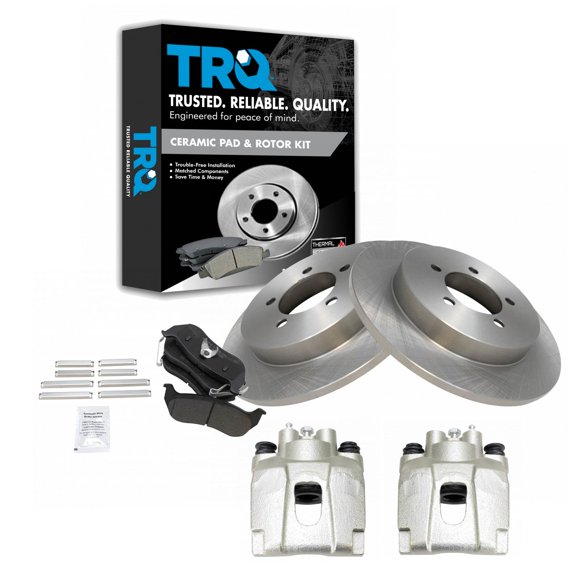 TRQ Rear Brake Pad & Rotor Kit Brake Caliper Brake Pads Brake Rotor Semi-Metallic Solid Fits Select 2006-2010 Ford Explorer 2007-2010 Explorer Sport Trac Mercury Mountaineer