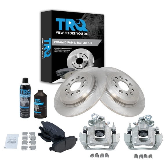 TRQ Rear Ceramic Brake Pad Rotor & Calipers Kit w/Chemicals for Ford Lincoln BKA17633