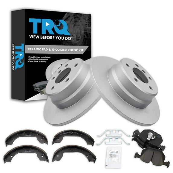 TRQ Rear Brake Pad & Rotor Kit Brake Pads Brake Rotor Parking Brake Shoe Set Ceramic Premium G-Coated Fits Select 2000-2006 BMW X5
