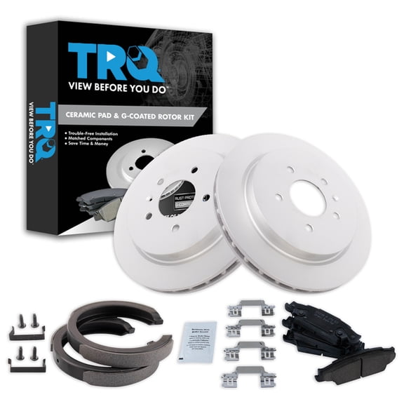 TRQ Rear Brake Pad & Rotor Kit Brake Pads Brake Rotor Parking Brake Shoe Set Ceramic Premium G-Coated Fits Select 2005-2008 Cadillac STS