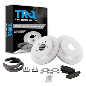 TRQ Rear Brake Pad & Rotor Kit Brake Pads Brake Rotor Parking Brake Shoe Set Ceramic Premium G-Coated Fits Select 2005-2008 Cadillac STS