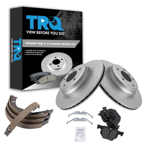 TRQ Rear Brake Pad & Rotor Kit Brake Pads Brake Rotor Parking Brake Shoe Set Ceramic Premium G-Coated Fits Select 2012-2013 BMW 335i 2013 335i xDrive