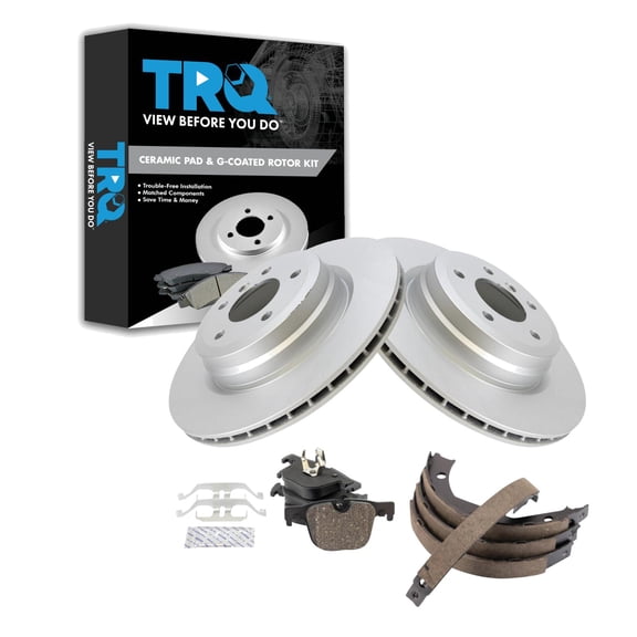 TRQ Rear Brake Pad & Rotor Kit Brake Pads Brake Rotor Parking Brake Shoe Set Ceramic Premium G-Coated Fits Select 2012-2013 BMW 335i 2013 335i xDrive