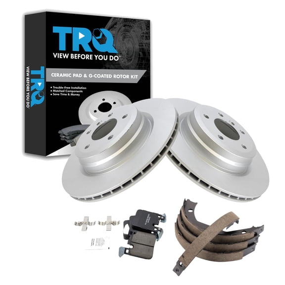 TRQ Rear Brake Pad & Rotor Kit Brake Pads Brake Rotor Parking Brake Shoe Set Ceramic Premium G-Coated Fits Select 2012-2013 BMW 335i 2013 335i xDrive