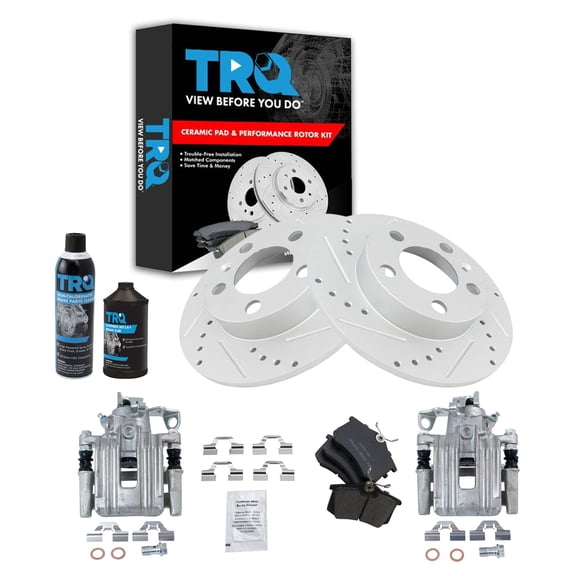 TRQ Rear Ceramic Pad Coated Rotor & Calipers Kit w/Chemicals BKA16518