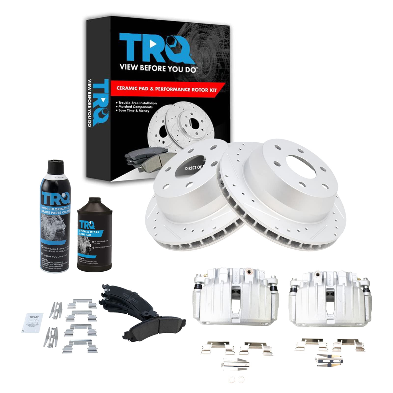 TRQ Rear Ceramic Pad Coated Rotor & Calipers Kit w/Chemicals BKA17623 ...