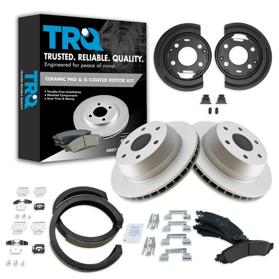 TRQ Rear Ceramic Pad Coated Rotor Parking Shoe & Backing Plates Kit Fits Select GM