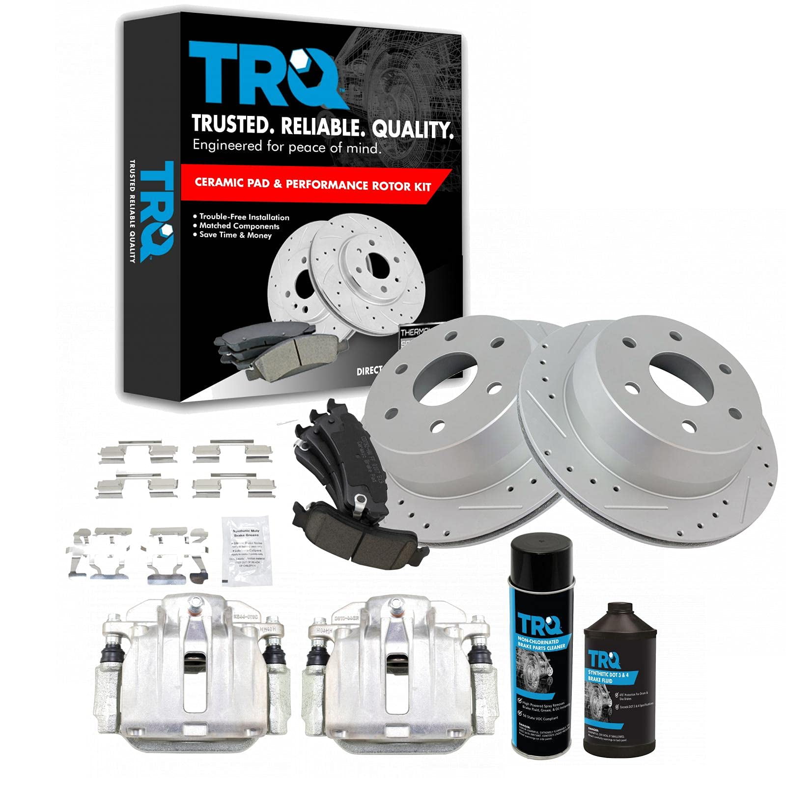 TRQ Rear Ceramic Pad Performance Coated Rotor & Calipers Kit w