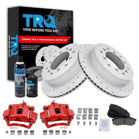 TRQ Rear Performance Brake Pad & Rotor Kit Brake Caliper Brake Chemical Kit Brake Pads Brake Rotors Set Ceramic Premium G-Coated Fits 2010-2020 Lexus GX460 2010-2018 Toyota 4Runner