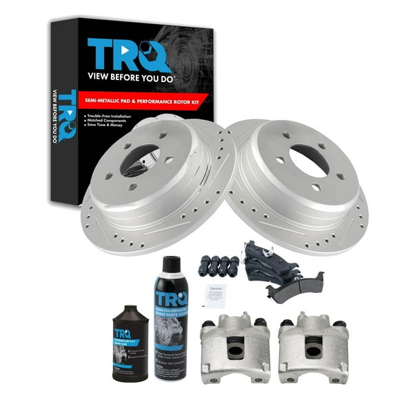 TRQ Rear Performance Brake Pad & Rotor Kit Brake Caliper Brake Chemical Kit Brake Pads Brake Rotors Set Semi-Metallic Premium G-Coated Fits 1995-1998 Jeep Grand Cherokee