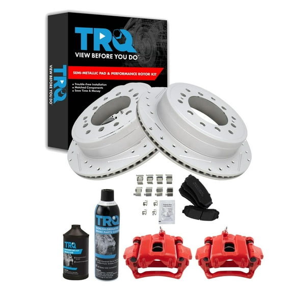 TRQ Rear Performance Brake Pad & Rotor Kit Brake Caliper Brake Chemical Kit Brake Pads Brake Rotors Set Semi-Metallic Premium G-Coated Fits 2010-2014 Toyota FJ Cruiser