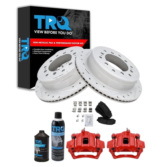 TRQ Rear Performance Brake Pad & Rotor Kit Brake Caliper Brake Chemical Kit Brake Pads Brake Rotors Set Semi-Metallic Premium G-Coated Fits 2010-2020 Lexus GX460 2010-2018 Toyota 4Runner