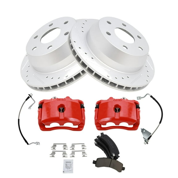 TRQ Rear Performance Brake Pad & Rotor Kit Brake Caliper Brake Hose Brake Pads Brake Rotors Set Ceramic Premium G-Coated Red Fits Select 2003-2009 Chevrolet Express 1500 2003-2013 GMC Savana 1500