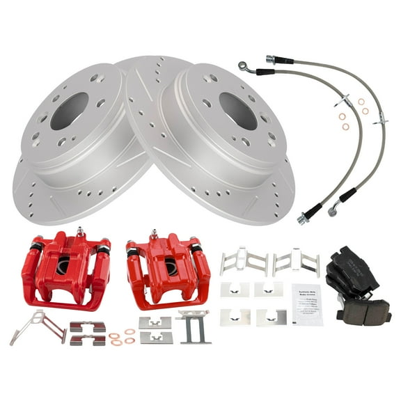 TRQ Rear Performance Brake Pad & Rotor Kit Brake Caliper Brake Hose Brake Pads Brake Rotors Set Ceramic Premium G-Coated Red Fits Select 2003-2011 Honda Element